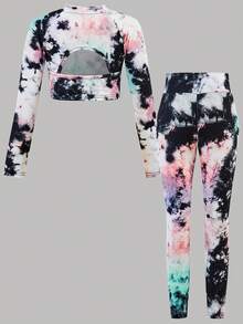 2件套女童彩色扎染印花针织运动服套装，休闲日常时尚紧身衣和舞蹈服 - 彩色 - 查看 2