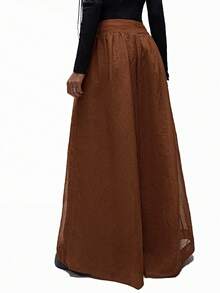 GENKIRA Quần ống rộng oversized phong cách French Chic cao cấp mới dành cho nữ, thiết kế cạp trễ, cài nút, tạo hiệu ứng xếp nếp, làm thon gọn, quần ống rộng trong suốt xếp ly giản dị giống vải lanh - màu nâu - Xem 4