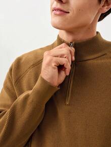 RONVEXI Men's Casual Solid Color Zipper Half-Placket Raglan Sleeve Sweater, Autumn/Winter - Camel - View 2