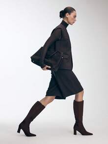 Mnmlis 女士时尚百搭通勤粗跟过膝长靴 - 棕色 - 查看 3