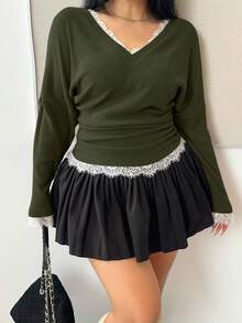 Vibekara 大码女式蝙蝠袖T恤上衣，撞色蕾丝和罗纹休闲时尚套头衫 - 綠色 - 查看 1