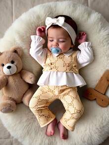 SHEIN Bộ 2 món/Bộ trang phục thường ngày cho bé gái sơ sinh, áo cổ bẻ nhiều màu và quần len rộng rãi - Màu Khaki - Xem 3