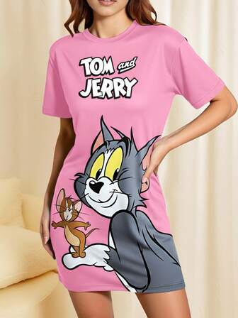 TOM & JERRY X SHEIN Women's Casual Cute Cartoon & Letter Graphic Short Sleeve Nightgown, Summer, Moo Moo Night Dress