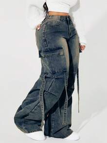 SHEIN ICON 大码女式街头风休闲多口袋牛仔裤