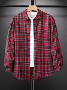 Manfinity Homme Men's Casual College Style Plaid Print Basic Colorful Long Sleeve Curved Hem Collar Shirt, Spring Autumn, For Going Out, Christmas - Red - View 1