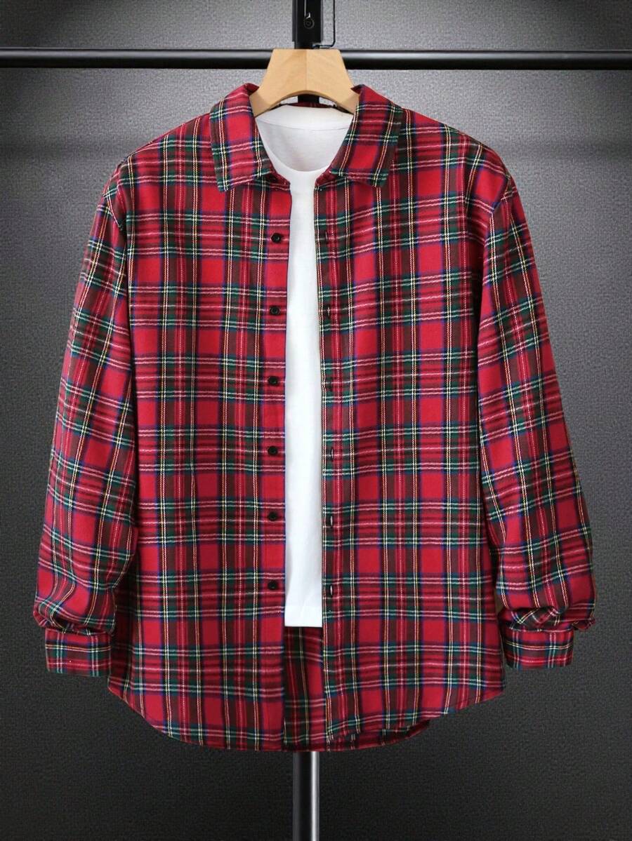 Manfinity Homme Men's Casual College Style Plaid Print Basic Colorful Long Sleeve Curved Hem Collar Shirt, Spring Autumn, For Going Out, Christmas - Red - View 1