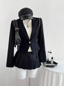 Elamini 女士黑色翻领西装外套，百搭专业风，时尚百搭，适合街头、办公、Y2K风格、约会、商务、休闲、通勤、秋冬季等各种场合。 - 黑色 - 查看 3