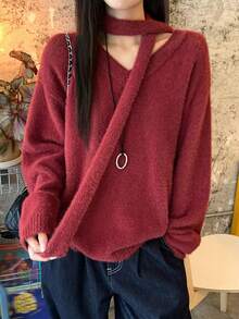 DAZY Women's Elegant Solid Color V-Neck Scarf Sweater, Autumn/Winter New Year Christmas - Burgundy - View 1