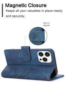 PU Leather Basic Drop-Proof Phone Case For Credit Card Holder, Flip Wallet Case - Blue - View 6