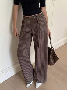 Siren Gaze Women's Brown Striped Print Casual Straight Leg Pants, Autumn/Winter Brown Pants Stripe Pants Wide Leg Pants Pleated Pants - Brown - View 1