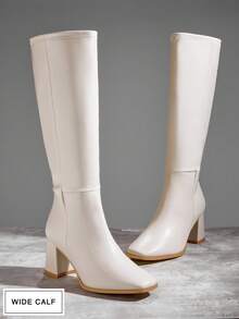 SHUZIA 女士宽筒时尚舒适粗跟过膝长靴，带内侧拉链 - 白色 - 查看 7