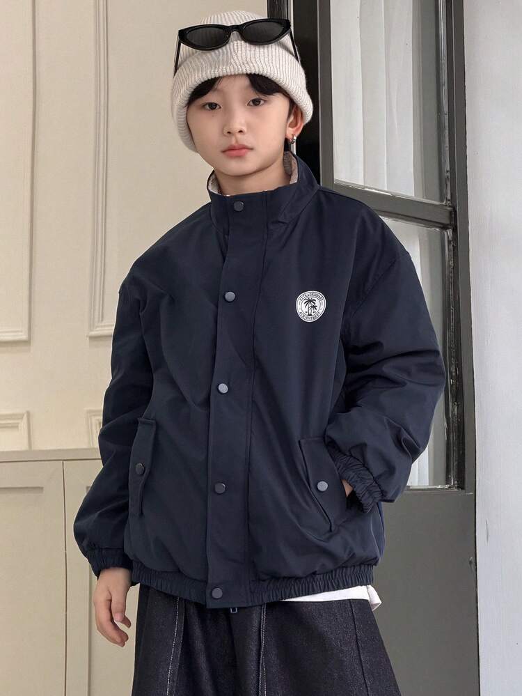 Tween Boy Letter & Palm Tree Print Long Sleeve Thermal Lined Casual Loose Jacket, Autumn/Winter