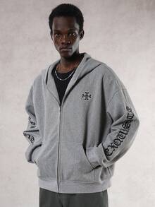 DAZY Thick Grey Gothic Letter Embroidered Hooded Sweatshirt Sweatshirt For Men, Autumn/Winter - Grey - View 6