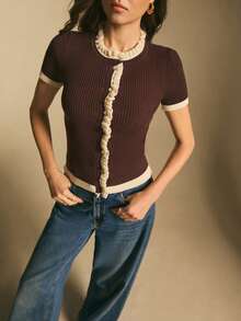 Poéselle Áo khoác cardigan dệt kim gân sọc cài nút phía trước viền tương phản dành cho nữ, áo len nữ màu nâu sô cô la, áo dệt kim mùa xuân dành cho nữ. - màu nâu - Xem 6