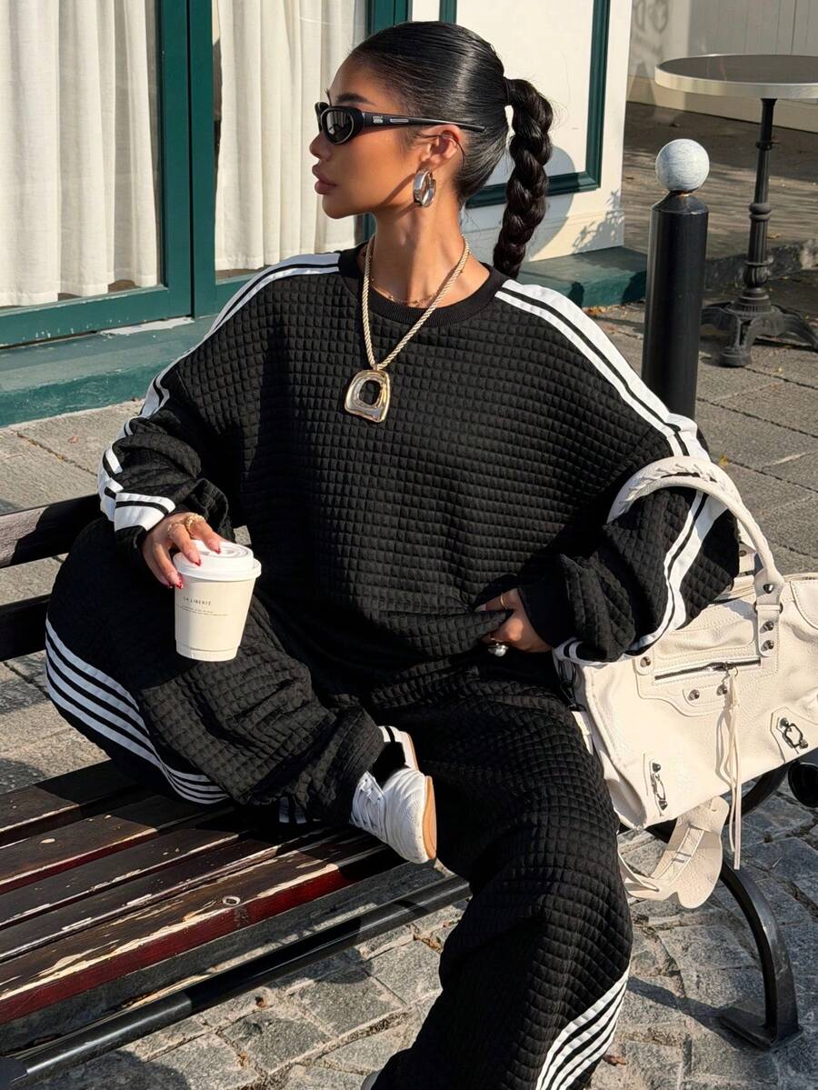 SHEIN EZwear 女士撞色圆领长袖上衣和裤子运动休闲套装 - 黑色 - 查看 1