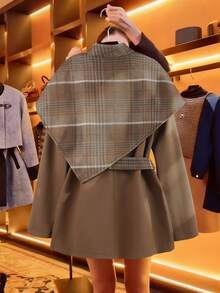 GlowEve 女士单排扣格子羊毛斗篷，优雅休闲街头风，适合日常通勤、商务出行、浪漫约会、派对、圣诞节等场合，驼色中长款大衣，秋冬款 - 彩色 - 查看 2