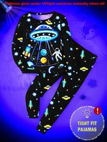 1 Set Boys Autumn Glow-In-The-Dark Astronaut Cartoon Print Snug Fit Crew Neck Long Sleeve Pajamas - Black - View 1