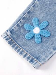 SHEIN Quần yếm denim giặt cho bé gái, bộ đồ liền thân rộng rãi in hoa - Màu xanh lam - Xem 8