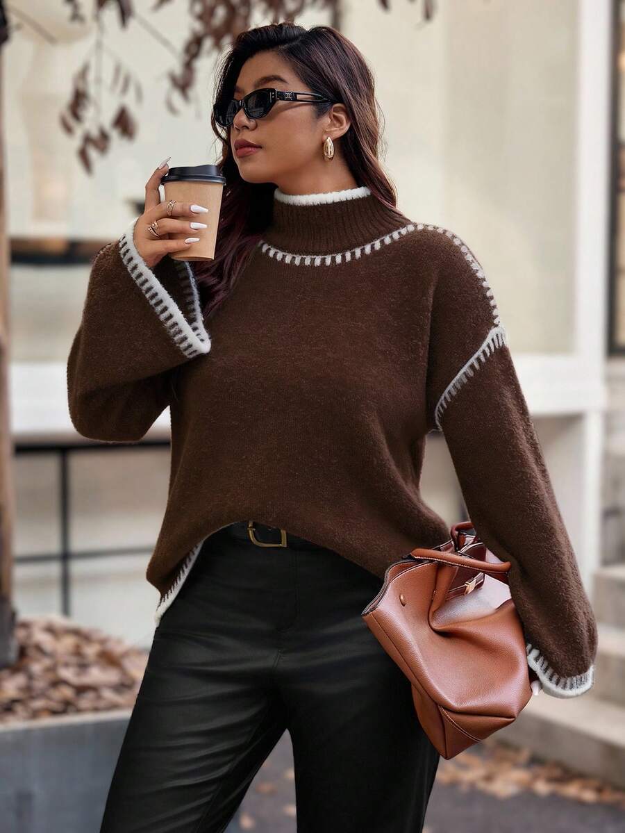 Vionelle Plus Size Women Knitted Elegant Fashionable Color Block Ribbed Hem Loose Pullover Sweater, Casual & Versatile Brown Sweater Coffee Brown Top Long Sleeve Top Sweater For Women Chocolate Brown Top - Coffee Brown - View 1