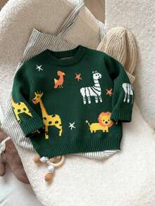 SHEIN Playful Pals Baby Boys' Dark Green Lion & Giraffe Jacquard Knit Sweater,Cute Autumn Matching Family Pullover,Soft Casual Holiday Jumper For Christmas & Halloween - Green - View 5