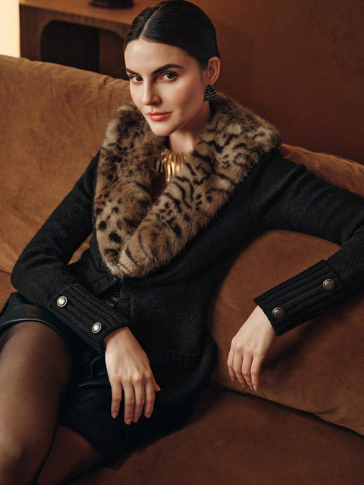 Vintage hochwertige abnehmbare Leoparden-Muster Fellkragen Patchwork Taillengürtel Damen Strickjacke, Winterpullover für Frauen, Kleidung für Neujahr, Leoparden-Muster, schwarze Oberteile