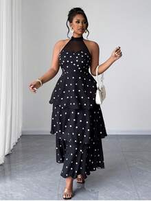 Maweii Rochie elegantă pentru damă, mărimi mari, neagră cu buline albe, din straturi, cu patchwork din plasă, rochie formală pentru toamnă, nuntă, petrecere de vacanță și vacanță - Negru - Vizualizare 2