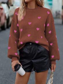 SHEIN LUNE Femmes Casual Épaule Tombante Manches Longues Pull-over Motif Cœur, Automne/Hiver - Tabac - Voir 3