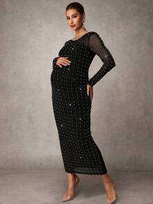 MaterniChic Elegant Contrast Mesh Rhinestone Embellished Long Sleeve Bodycon Maternity Dress, Autumn - Black - View 6
