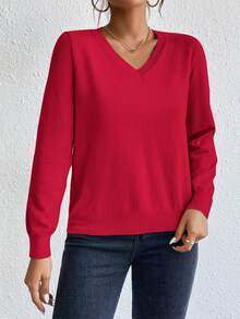 SHEIN Essnce 秋冬季纯色V领黑色上衣毛衣 - 紅色 - 查看 4