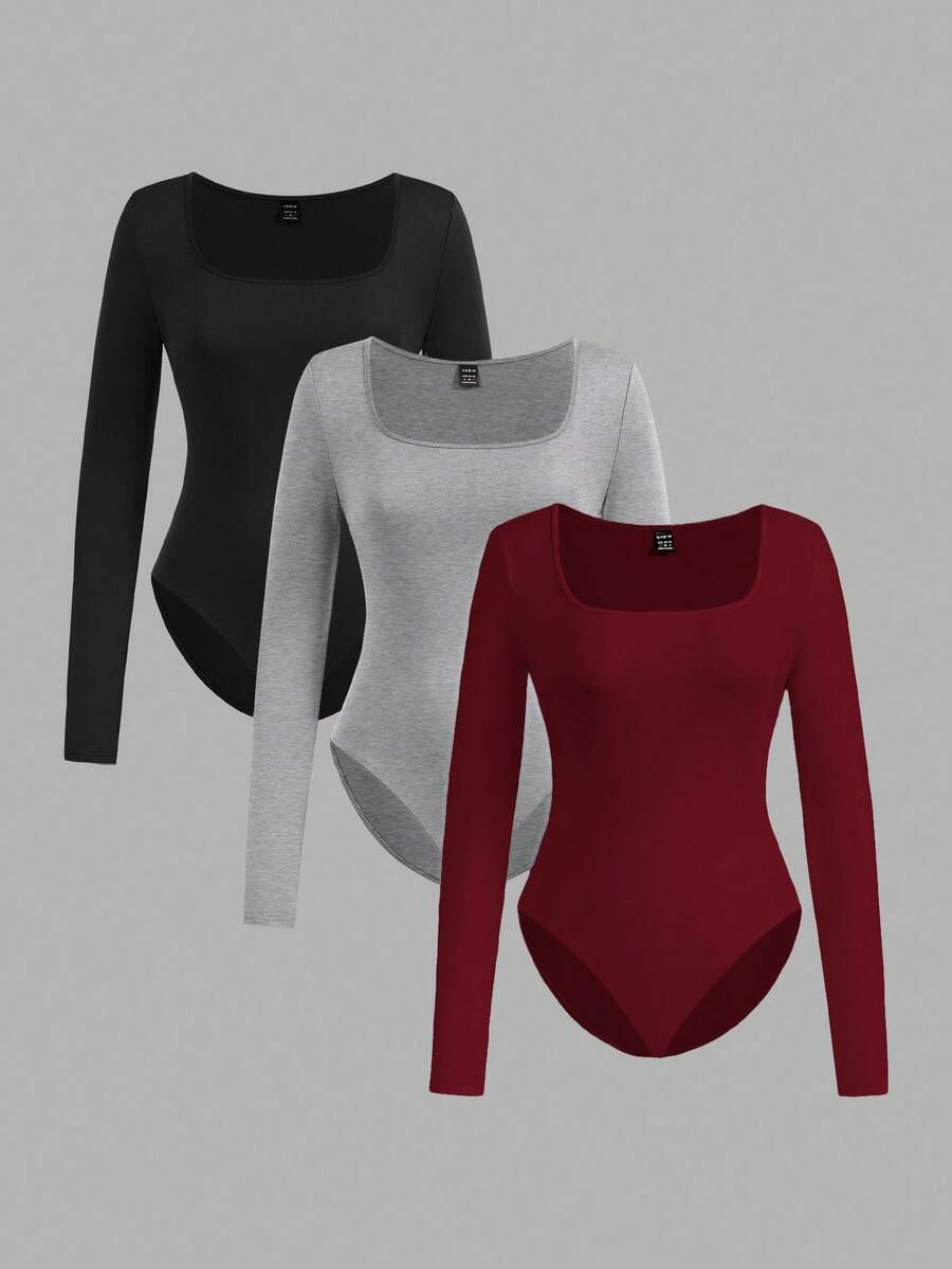 SHEIN EZwear Casual 3pcs Women Square Neck Long Sleeve Tight Fitting Outfit, Suitable For Autumn/Winter - Multicolor - View 1
