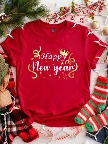 SHEIN EZwear 休闲简约假日派对庆祝新年特别版，新年除夕派对，新年“2026新年快乐”仿箔印花宽松圆领短袖女式T恤，适合夏季新年派对和圣诞节穿着。 - 紅色 - 查看 6