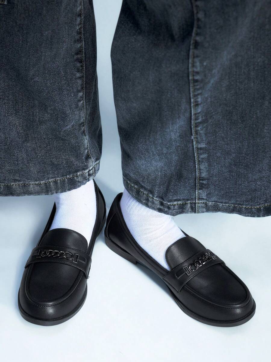 Sugerpunk Mocasines de mujer con decoración de cadena metálica, estilo casual y de uso diario - Negro - Ver 1