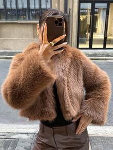 SHEIN Unity 1件女士奢华优雅仿毛皮内衬外套，酒红色 - 棕色 - 查看 5