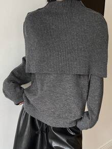 DAZY Women's Casual Solid Color Stand Collar Poncho Sweater, Autumn/Winter - Grey - View 7