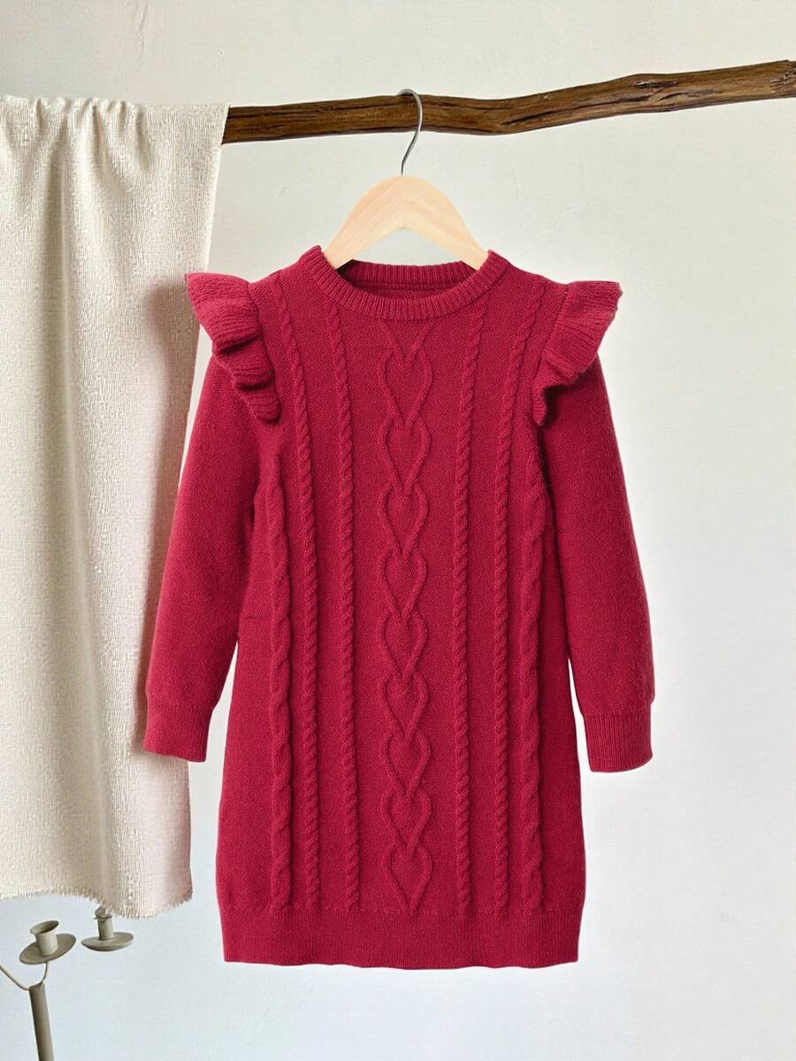LMoss Kids Young Girl Red Crew Neck Long Sleeve Patchwork Ruffle Textured Knit Sweater Dress,Suitable For Casual Daily Wear,Autumn/Winter - Burgundy - View 1