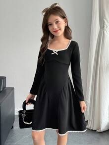 SHEIN Tween Girl Black Waist Cinched Dress With Cute Contrast Ruffle, Fashionable Versatile Casual & Elegant - Black - View 5