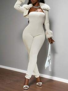 Slaydiva Christmas, New Year And Valentine's Day New Autumn And Winter Casual, Simple And Basic Style, Daily Date, Out On The Street, Popular Streetwear, Y2K Set, Fur Collar POLO Collar, Ultra-Short Cardigan + Slim Strapless Tight Jumpsuit, Apricot Ribbed Ribbed Brushed Set, Women's Two-Piece Set -A Cream Two Piece Set Sexy Body Suit Women Sexy Outfits Y2k 2 Piece Set - Apricot - View 4