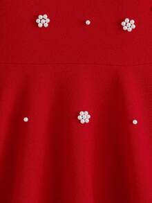 Glamorique Kids Vestido de línea A de manga corta con burbujas rojas para niñas, con decoración de flor de perla, cuello redondo de perla y botón de gota, estilo retro palaciego, elegante, adecuado para fiestas de Navidad, primavera/otoño - Rojo - Ver 6