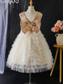 Sparklyn 女童学校派对礼服，芭蕾舞裙，2025新款儿童亮片公主裙，舒适 - 杏色 - 查看 3