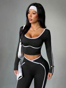 SHEIN Sports 无缝高弹瑜伽健身女式运动交叉腰带撞色套装 - 黑色 - 查看 4