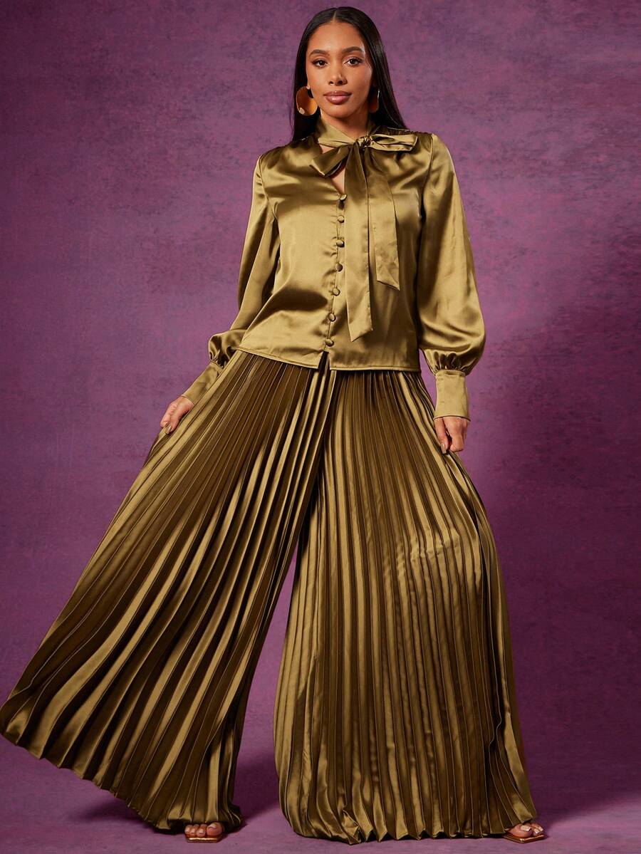 Vixey 高腰超阔腿缎面褶皱裤 - 橄欖綠 - 查看 1