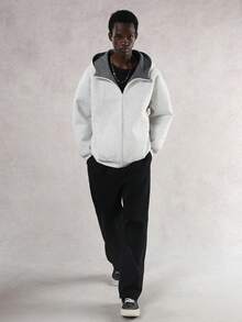 DAZY 男士加厚撞色连帽卫衣，秋冬季 - 淺灰色 - 查看 7