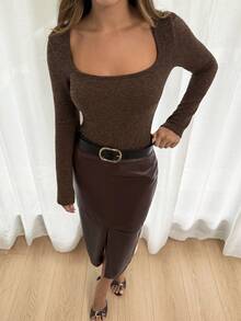 Siren Gaze 新款秋冬棕色抓绒修身连体衣，方领长袖优雅连体衣，适合夏季休闲穿着 - 棕色 - 查看 3