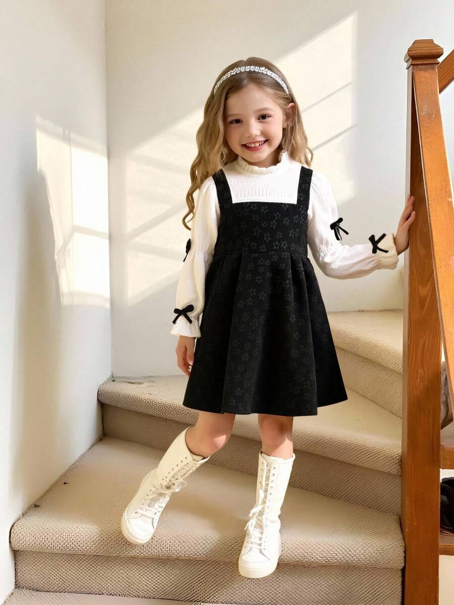 SHEIN Young Girl' Floral Textured Pastoral Style Puff Sleeve Bow Decor Yellow Dress, Autumn - Black and White - View 1