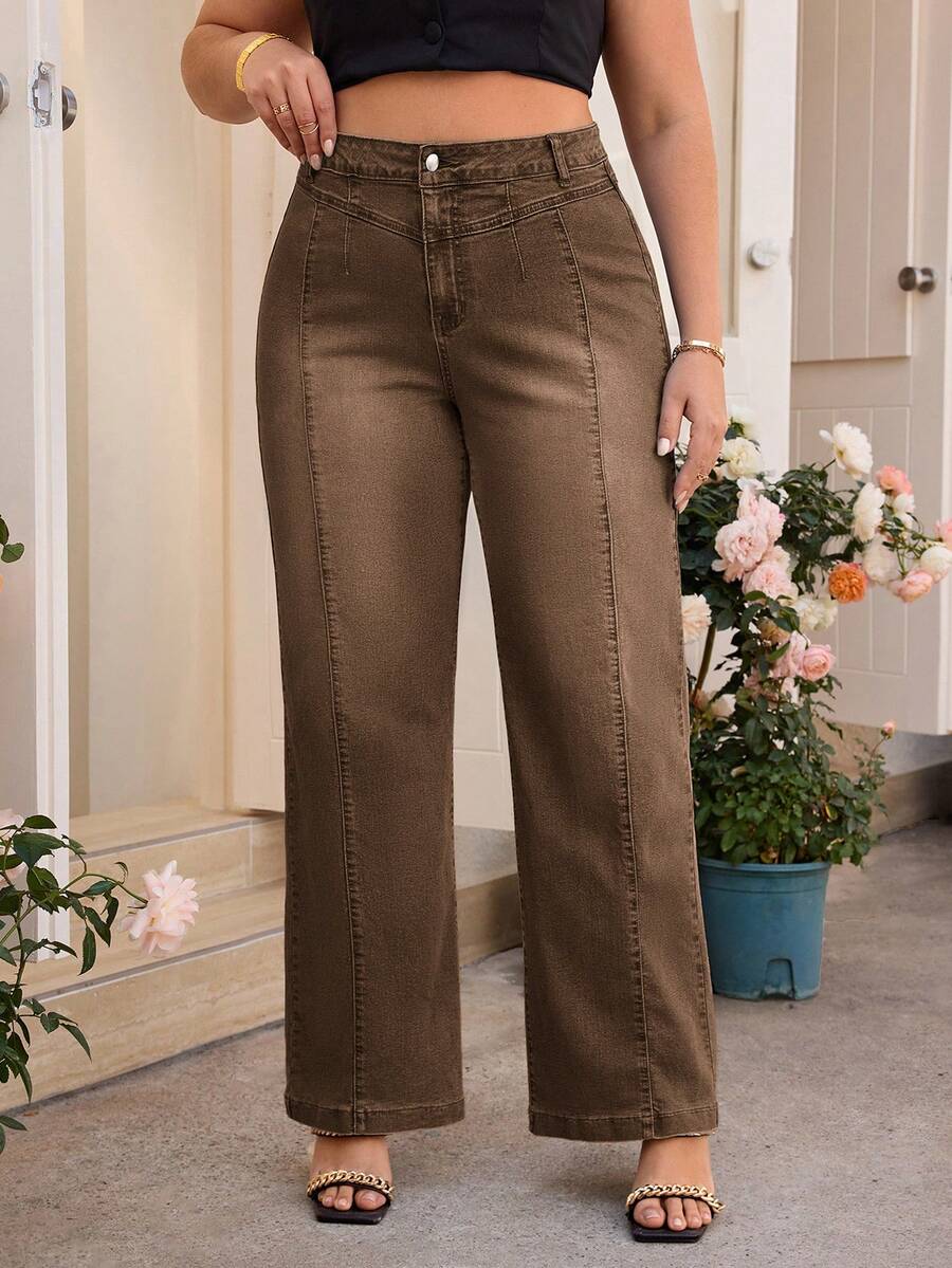 Breezaya Plus Size Casual Everyday Versatile Washed Straight Leg Jeans Brown Pants For Women High Waist Pants Women Pants - Brown - View 1
