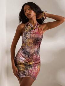 Opulessa Knit Bodycon Halter Neck Mini Dress For Women - Pink - View 3