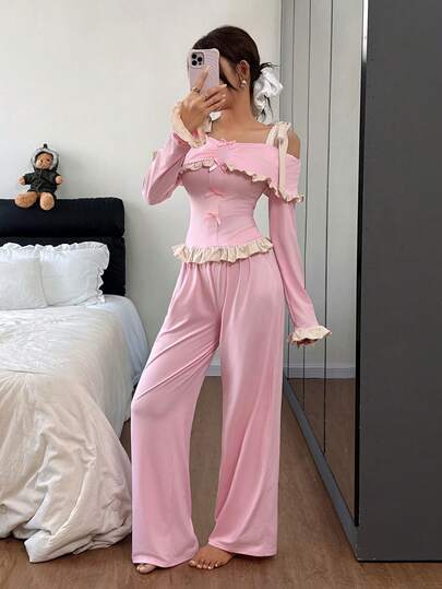 Dream Adore Roze Off Shoulder Camisole Sweet Women Pajama Set Ruffle Verleidelijke view 6