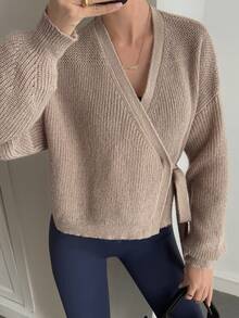 Áo khoác cardigan quấn màu trơn thường ngày cho nữ, Thu/Đông - Màu Khaki - Xem 5