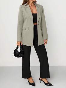 EURMUSE Women's Purple Button Front Pocket Detailed Elegant Blazer Jacket - Beige - View 4