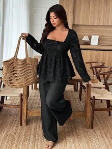 Breezaya 2pcs Plus Size Square Collar Ruffle Hem Top & Linen Fabric Pants Set, Autumn/Winter Fall - Black - View 3